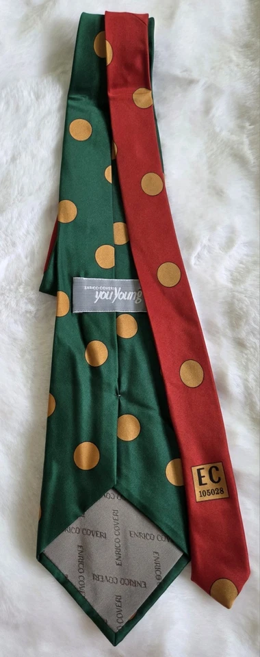 复古 Enrico Coveri 男式丝绸领带意大利假日主题红色绿色金色圆点 — 第 2/4 张图片