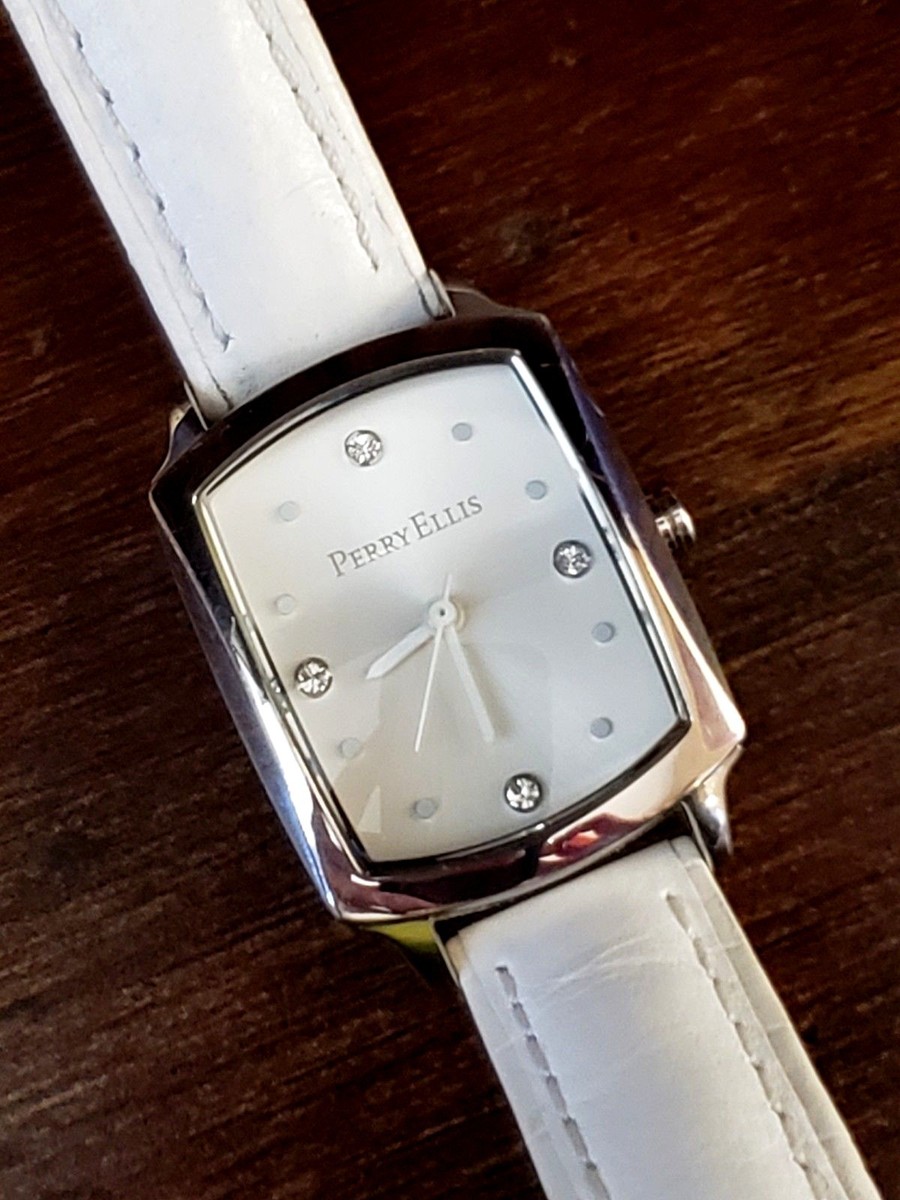 Perry Ellis White Leather Band Silver Rectangle Face Diamond