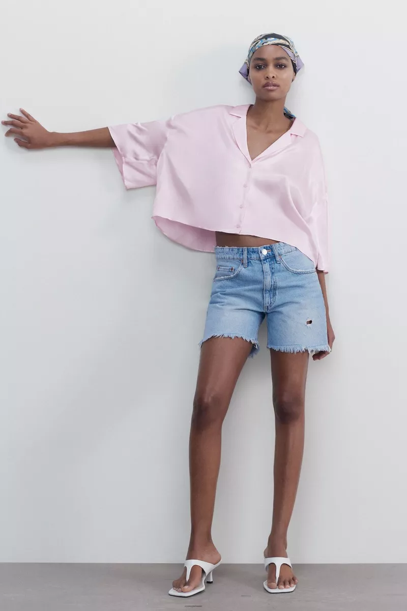 NWT Zara SATIN CROP TOP Size M Soft Pink 7385/032/622 | eBay