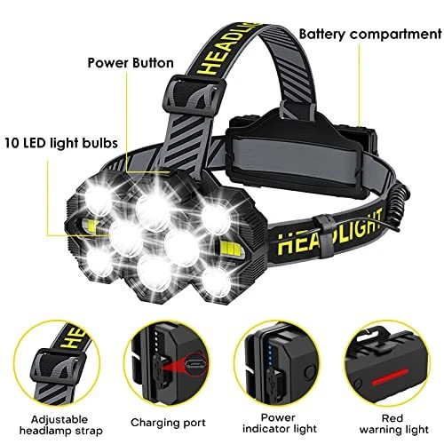 Linterna Frontal 10 LED Alta Potencia, 18000 Lumens Linterna Cabeza Recargable - Imagen 2 de 4