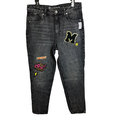 Embellished Mom Jeans Size 13 Black Acid Wash Letterman Patches ''M'' ''POW!'' NoBo