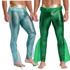 AU Men's God of The Sea Pants Mermaid Scales Printed Trousers Halloween Dress Up