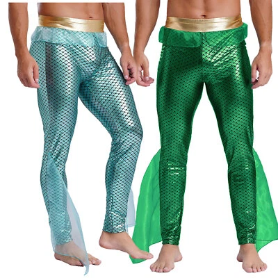 Herren Meerjungfrau Kostüm Glänzende Fischschuppen Leggings Hosen Mit Rüschen - Bild 1 von 3