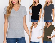 Women's V Neck Cotton Short Sleeve T-Shirt Slim Fit Soft Stretch Plain Basic Top