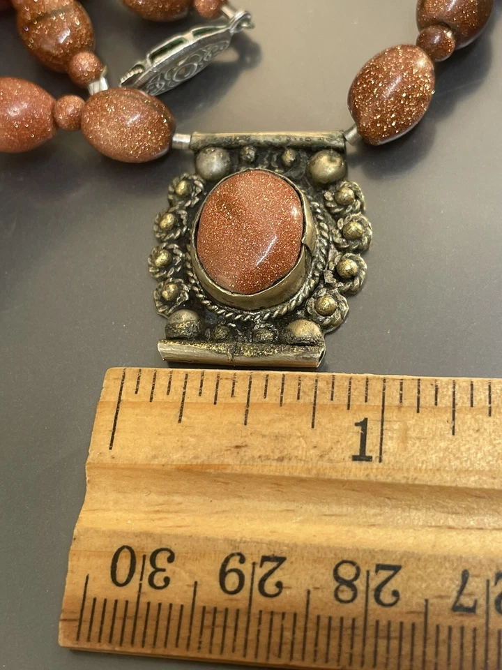 "Collar colgante de piedra dorada con cuentas de plata esterlina 925 Lucoral firmado de colección 19"" LEER Foto 3 de 4