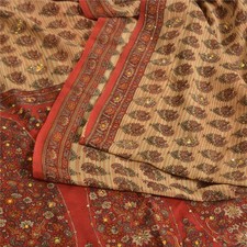 Sanskriti Vintage Sarees Beige Pure Crepe Hand Beads Print Sari 5Yd Craft Fabric
