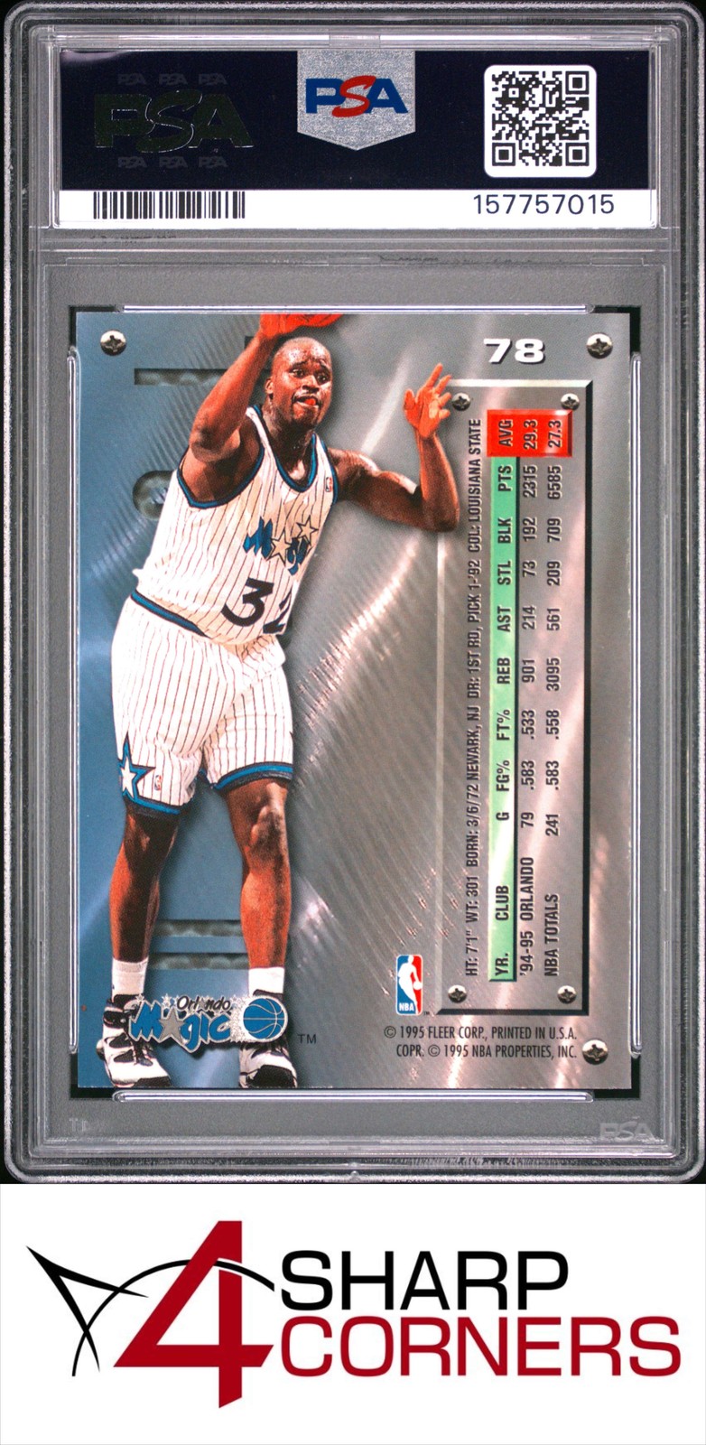 1995 METAL #78 SHAQUILLE O'NEAL MAGIC HOF PSA 9 view 2