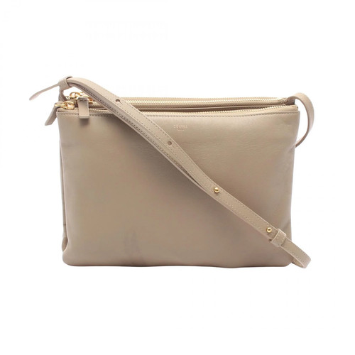 Celine Trio Large Leather Shoulder Bag Beige Women Used Authentic