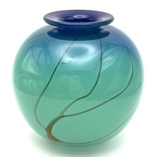 Studio Art Glass Vase Aqua  Blue Small Hand Blown Artist Signed 4.25  Swirl