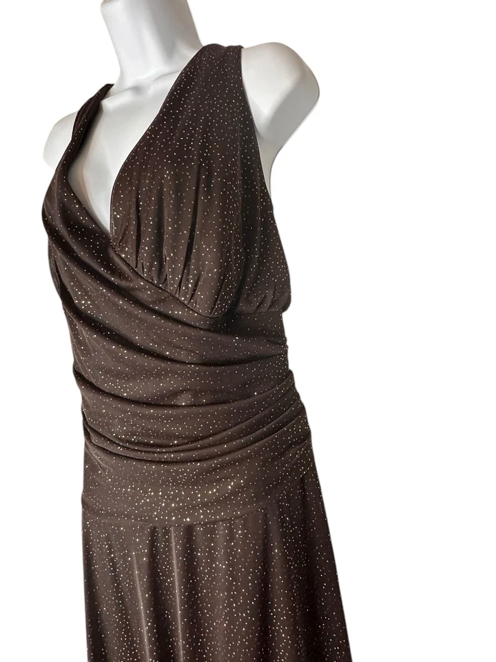 Vestido Cachet Marrón Dorado Brillante Asimétrico Acanalado Elastizado Malla Noche Midi 22 Foto 3 de 4