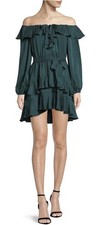 Zimmermann Teal Silk Flounce Off Shoulder Mini Dress RRP $550 Size 1 Aus 10 Us 6