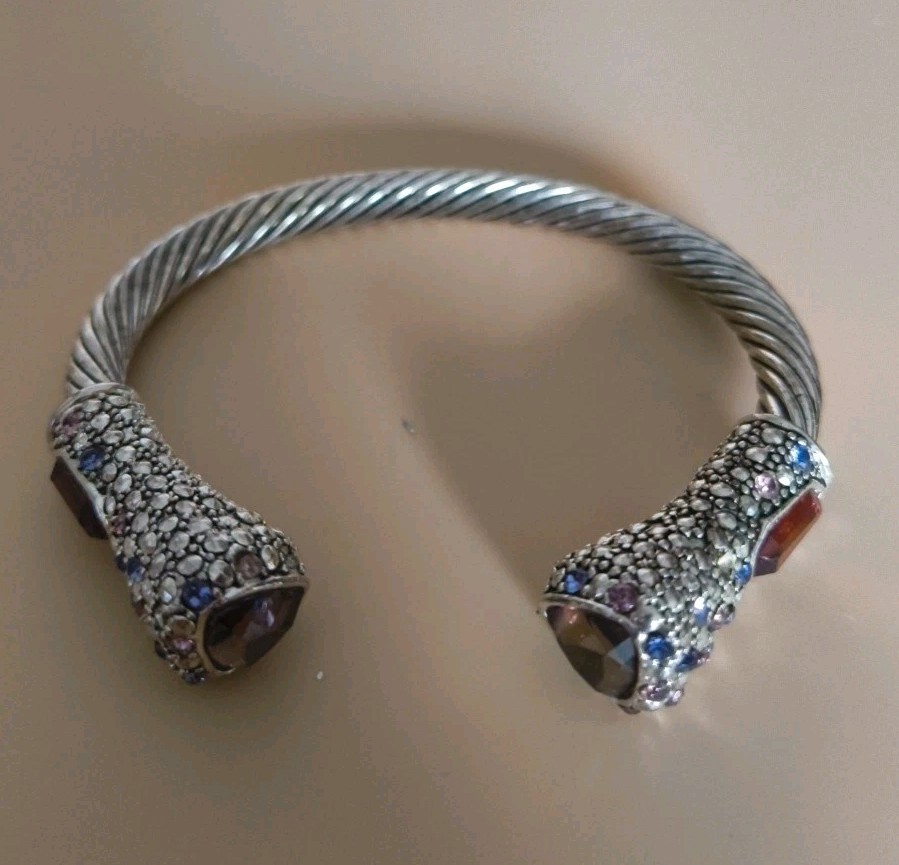 Twisted Silver Cable Bracelet  Multi Colored Crys… - image 3