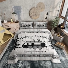 Kids Camping Themed Bedding Comforter Set Farmhouse Style Duvet Twin Grey