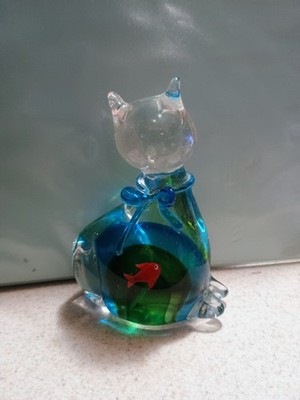 Lenox Cat Figurine /Handcrafted Glass/Blue Green Red Art Glass/Decorative
