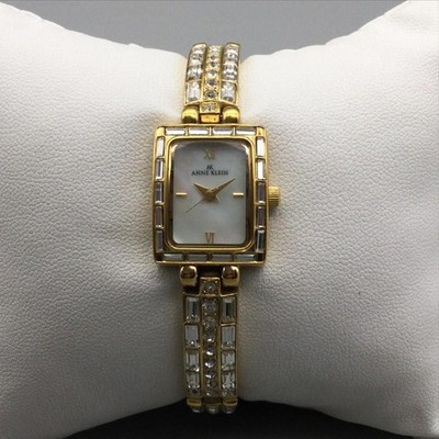 Anne Klein Womens Watch 17mm MOP Dial Gold Tone Crystals New Battery 6.25''