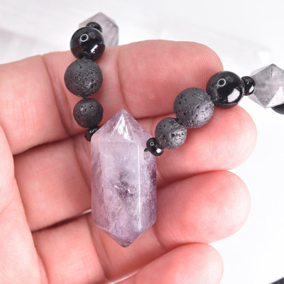 Amethyst Point Lava Onyx Smoky Quartz Platonic Shape Adjustable Necklace