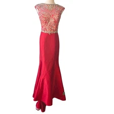 Vintage Mac Duggal Red Fishtail Formal Dress Evening Gown Pageant Mermaid Sz 4
