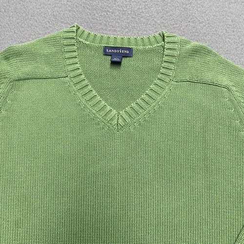 Vintage Lands End Sweater Mens Large Green Knit Pullover V Neck Preppy 90s - Picture 2 of 8