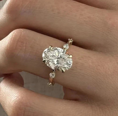 3.20 TCW Oval Cut Real Moissanite Women's Engagement Ring 14k Yellow Gold Over