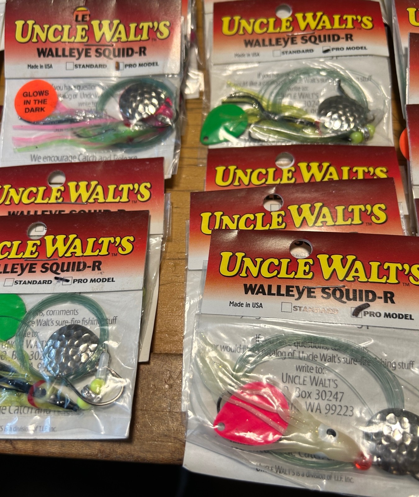 59 NEW UNCLE WALT'S WALLEYE SQUID-R PRO SPINNERBAIT LURE SPOKANE MANY COLORS GLO - Image 3