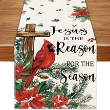 Christmas Cardinal Bird Table Runner 13x72 Inch,Winter Poinsettias Cross Plant