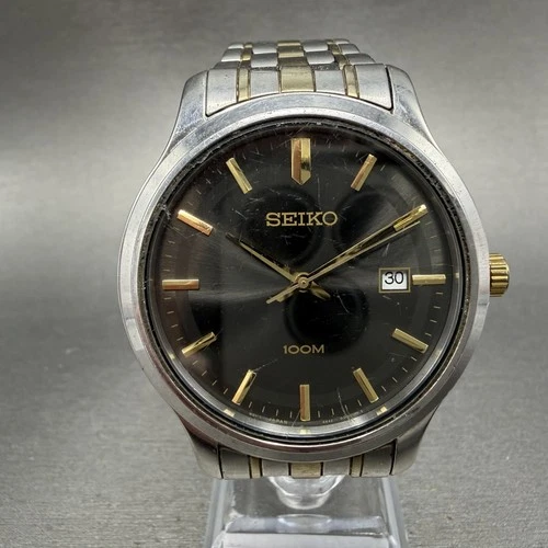 Seiko Watch Men 41mm Black Dial Two Tone Date Round 6N42-00F0 New Battery