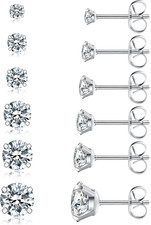 6 Pairs Stud Earrings Set, Hypoallergenic Cubic Zirconia 316L A-001-silver