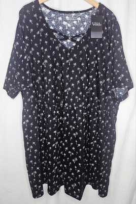 NWT Ulla Popken 100% Cotton Palm Tree Midi Dress Pockets Black White Size 32/34