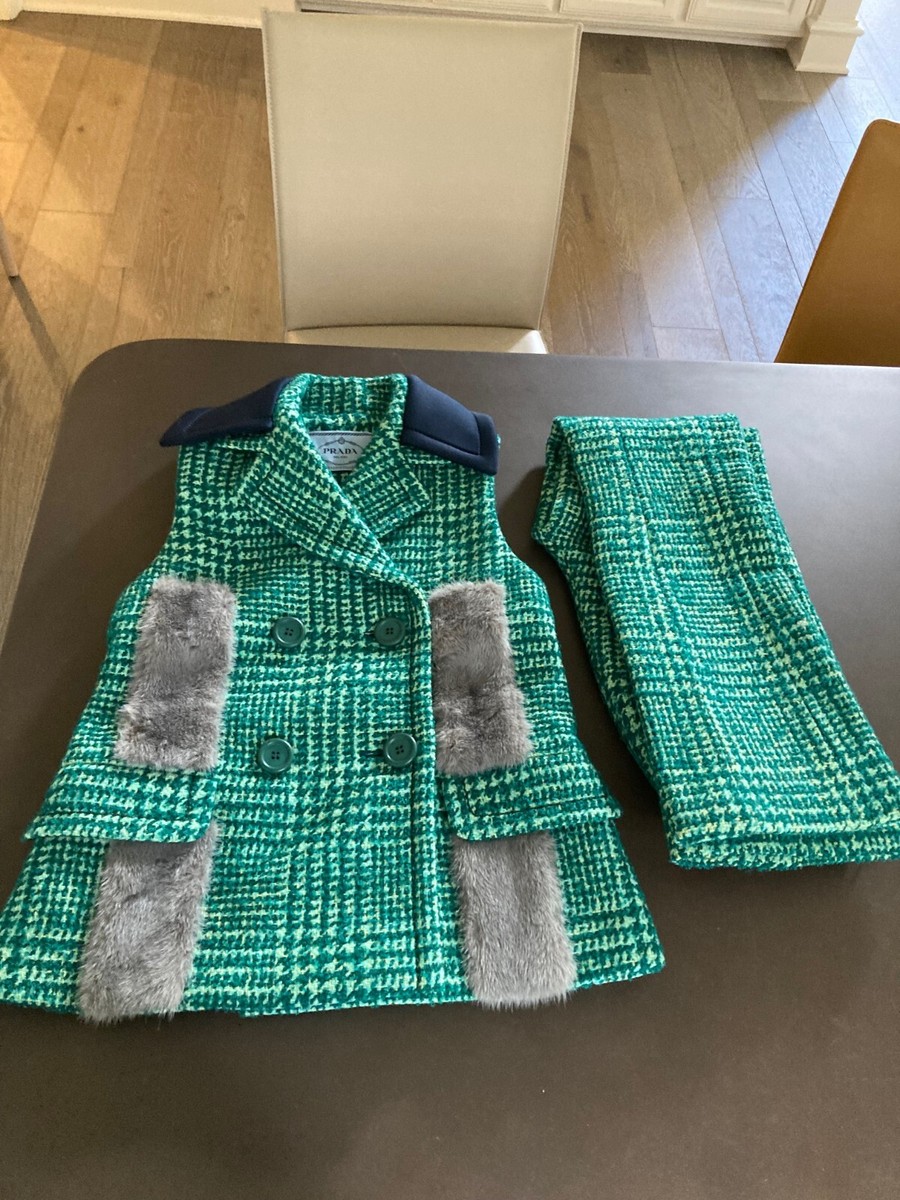 Prada Fall 2015 Green Tweed Ensemble Pants Vest with Mink Fur