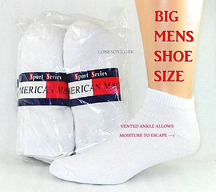 12 Pairs Mens BIG Mens Shoe Low Cut / No Show Soft Cotton Socks 12-15 USA Made