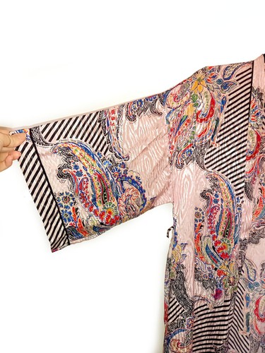 Vintage Silky Kimono Dressing Gown Pink Black Stripe Paisley M L Pattern Print - Picture 9 of 11