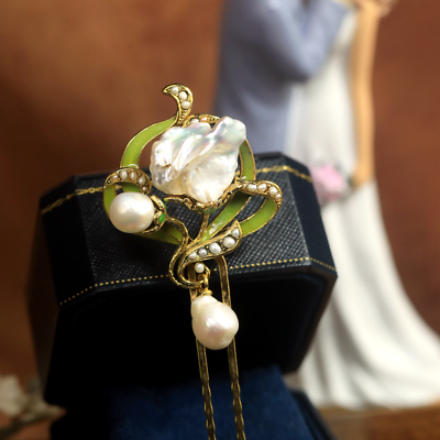Peigne Chignon Art Nouveau Vintage - Orné De Fleurs Vertes Et Perles Baroques - Doré - Style Romantique