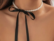 Womens Faux Pearl Necklace With Black Tie Ribbon Brand-New