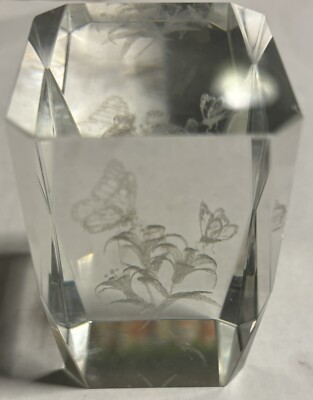 3D Laser Etched Crystal Rectangular Prism Glass Paper Weight Butterfly Flowers 
