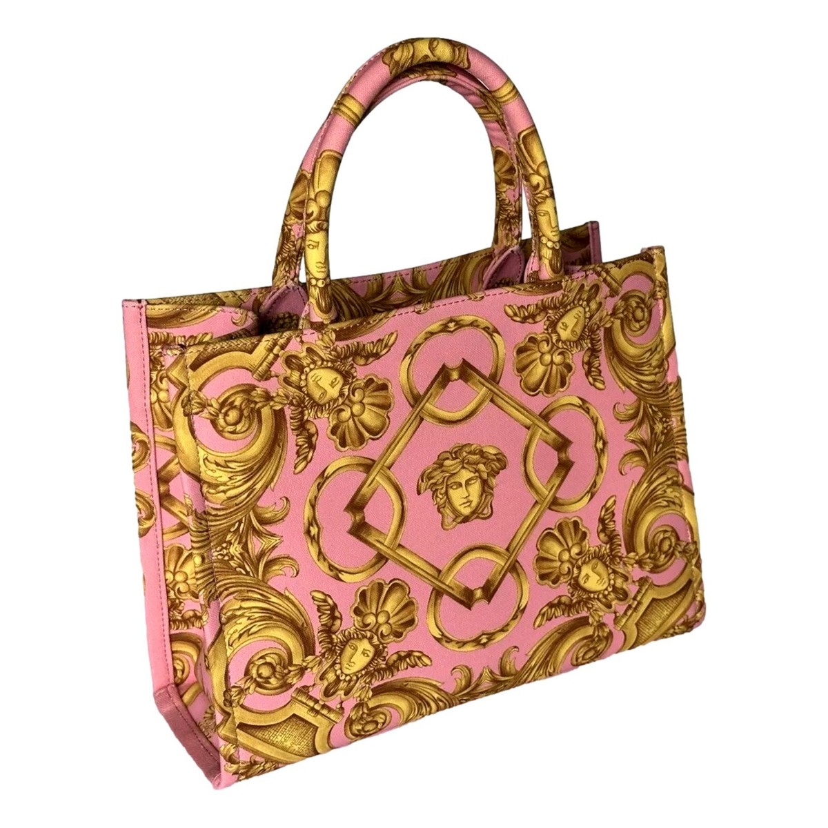 Versace Top Handle Small Tote Fabric/Leather Pink/Gold Bag 1014570