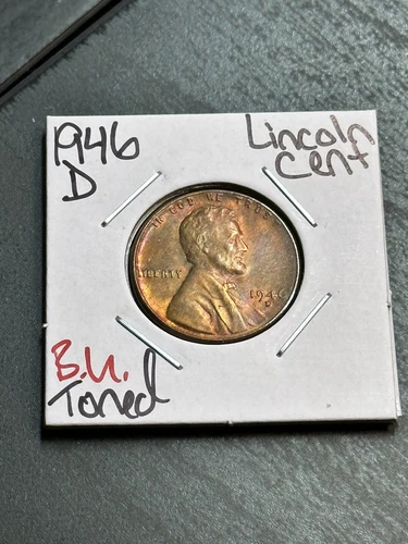 1946 D Lincoln Wheat Cent Penny BU Uncirculated MS+ Toning Toned Coin (Raw9760)