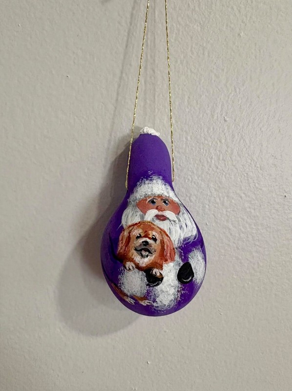 PEKINGESE & Santa Original Hand Painted Gourd Ornament / Ann Hedberg Art