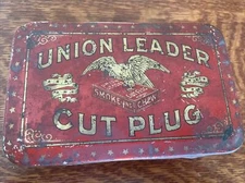 Vintage Union Leader Cut Plug Tobacco Hinged Advertising Tin  6”x 4” x 3”