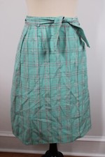 Vtg Unbranded 10 Green Texture Check Tie Waist Wrap Midi Skirt Cotton Polyester