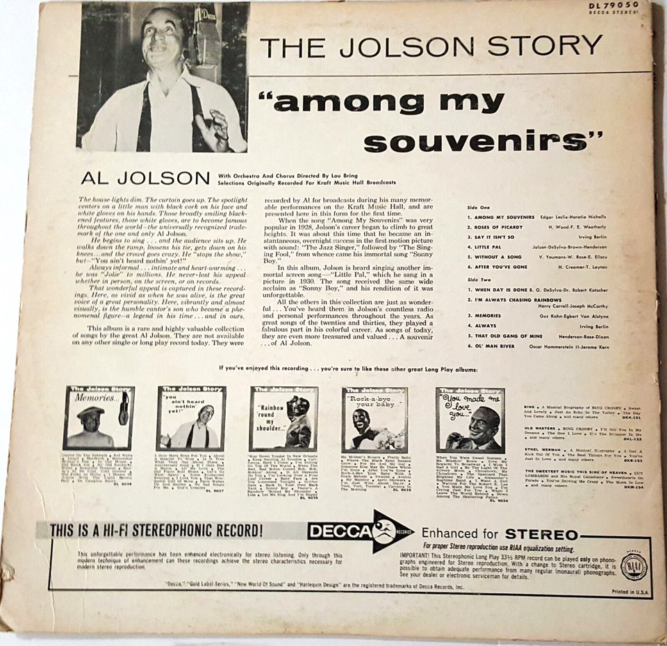 Vintage 1957 AL JOLSON Among my Souvenirs (Vinyl LP 12" 1957 DECCA) - Image 2 of 4