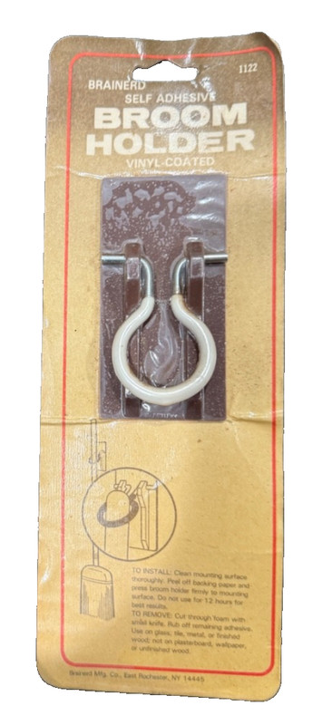 “Vintage Brainerd Self Adhesive Broom Holder 1122 Vinyl Coated NOS on Card”