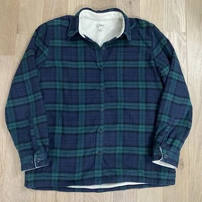 L.L. Bean Fleece Lined Flannel Shirt Size Medium Plaid Green Navy Blue 285013