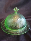 Jeannette Depression Glass Green Floral Poinsettia Round Covered Butter Dish.