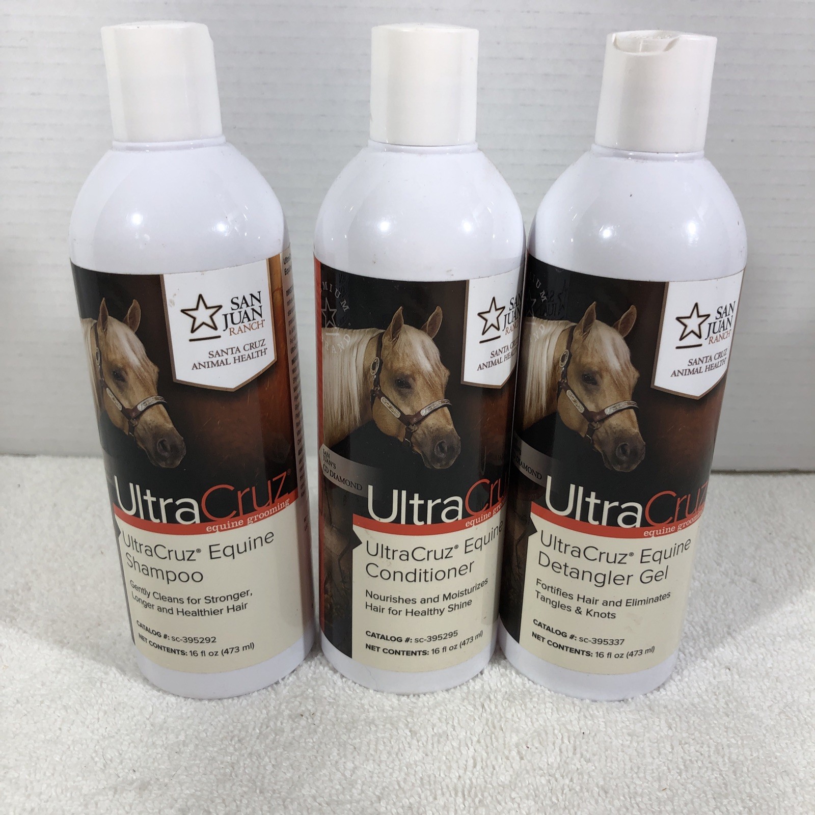 3 Pack  UltraCruz Equine Horse Shampoo, Conditioner, Detangler Bundle 16 oz Ea