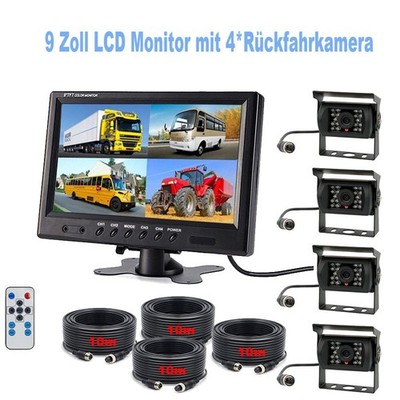 9 Zoll 4CH TFT LCD Monitor mit 4* Kabellos Rückfahrkamera für LKW Wohnmobile Bus
