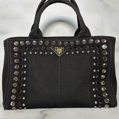 PRADA Canapa tote 2WAY Shoulder Bag Bijou Studs Tote Bag canvas Nero (Black)