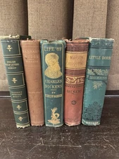 Antique Books Themed Decorative Set-5 Books-Works and Life of Charles Dickens