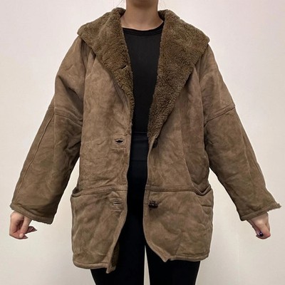 100% REAL Genuine Vintage Sheepskin Suede Shearling Coat Jacket Brown Size 14