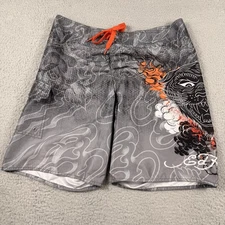 Ed Hardy Board Shorts Mens Medium 36 Gray Tattoo Tiger Graphic Swim Trunks Y2K
