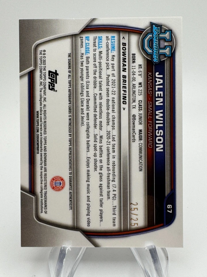 2022-23 Bowman Chrome University JALEN WILSON Orange Refractor 1st Auto /25 #67 - Image 2 of 2